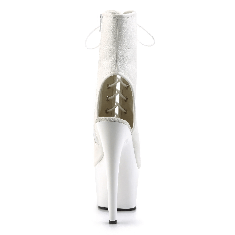 Back view of white lace-up ankle boots with high stiletto heels and open toe design, showcasing stylish vegan leather craftsmanship.