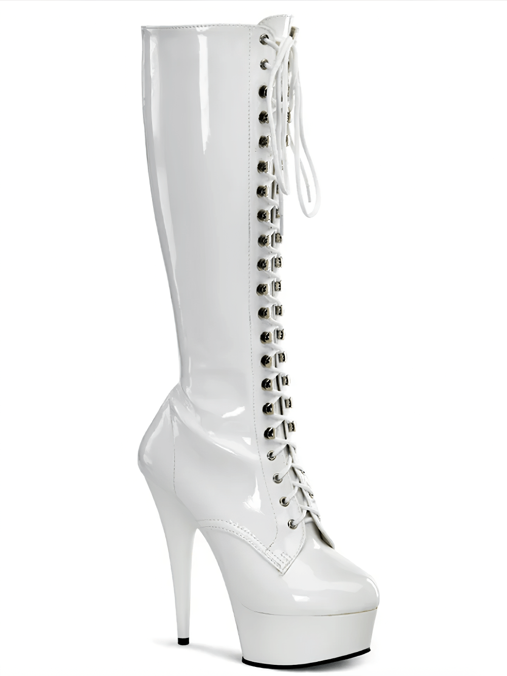 Stylish white lace-up knee boots with a 6-inch stiletto heel and platform for a stunning silhouette.
