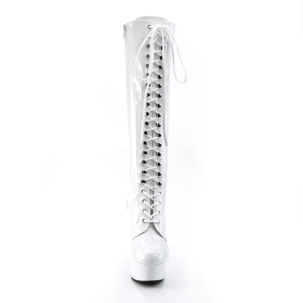 Pleaser white lace-up knee boots featuring a 6-inch stiletto heel and platform for stunning style.