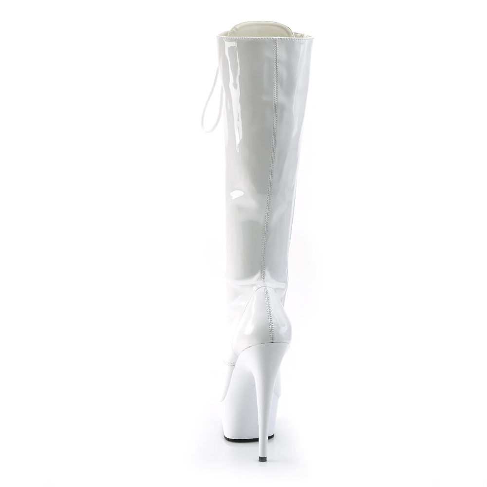 Stylish white lace-up knee boots with 6-inch stiletto heel and glossy finish, featuring back view for elegance.