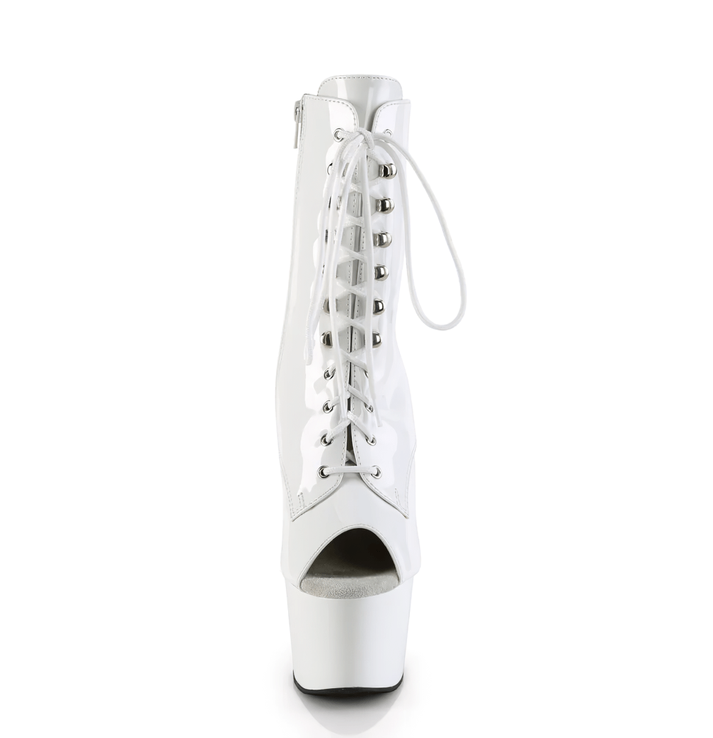 White lace-up peep toe platform ankle boots with stiletto heel and inner side zip closure.