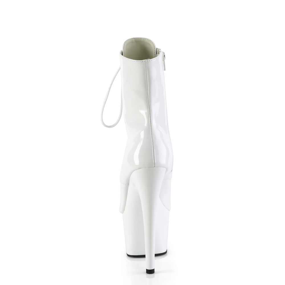 Rear view of PLEASER white lace-up peep toe platform ankle boots with stiletto heel and zip closure.