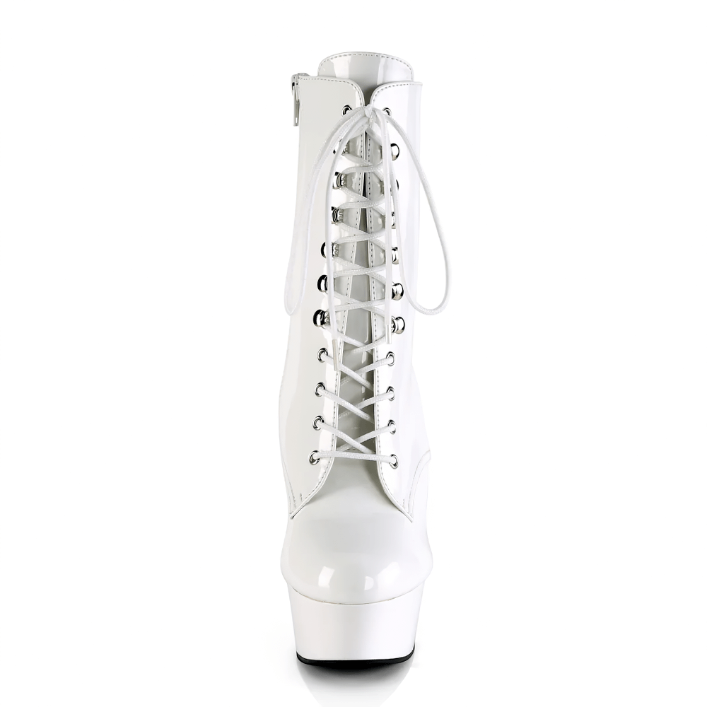 White lace-up platform ankle boots featuring a sleek design and bold 6-inch heels for stylish looks.