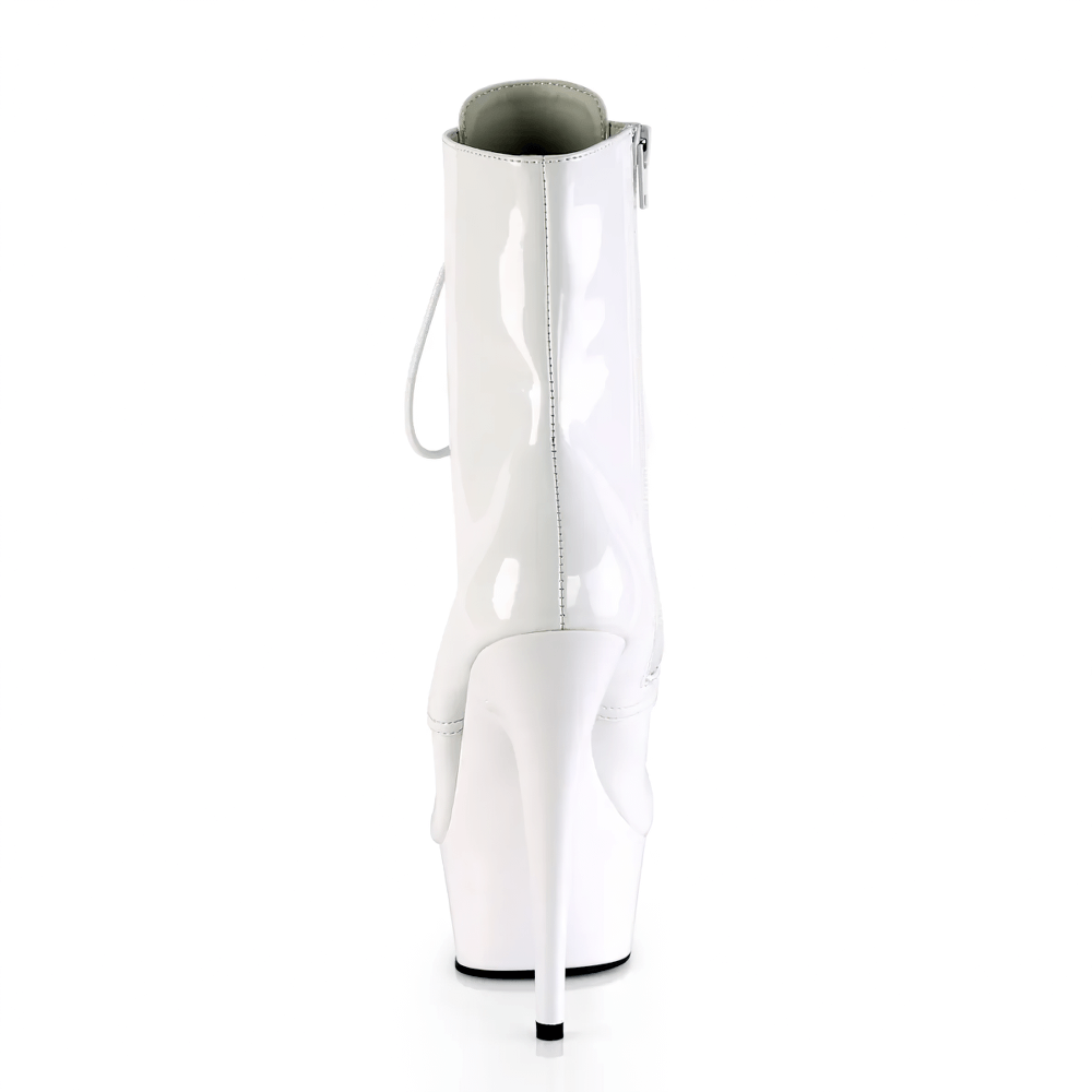 Back view of PLEASER White Lace-Up Platform Ankle Boots with 6-inch stiletto heel and side zip.