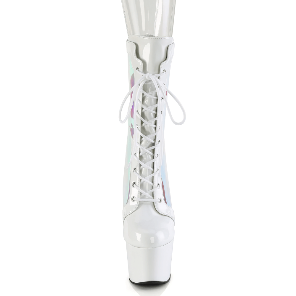 White mid calf lace-up boots with holographic panels and a striking platform design.