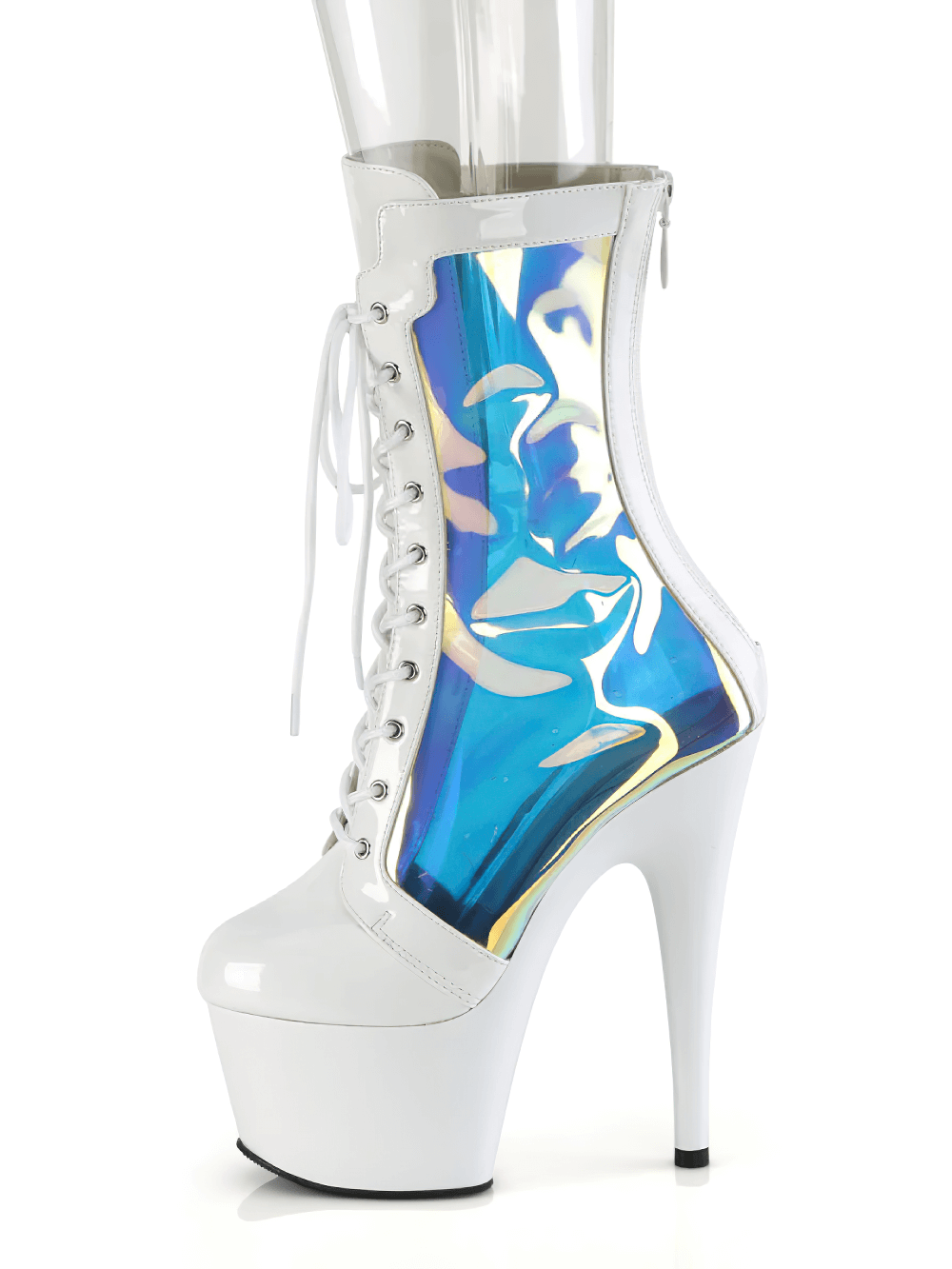 Stylish PLEASER white mid calf boots with holographic panels, 7-inch heels, and lace-up design.
