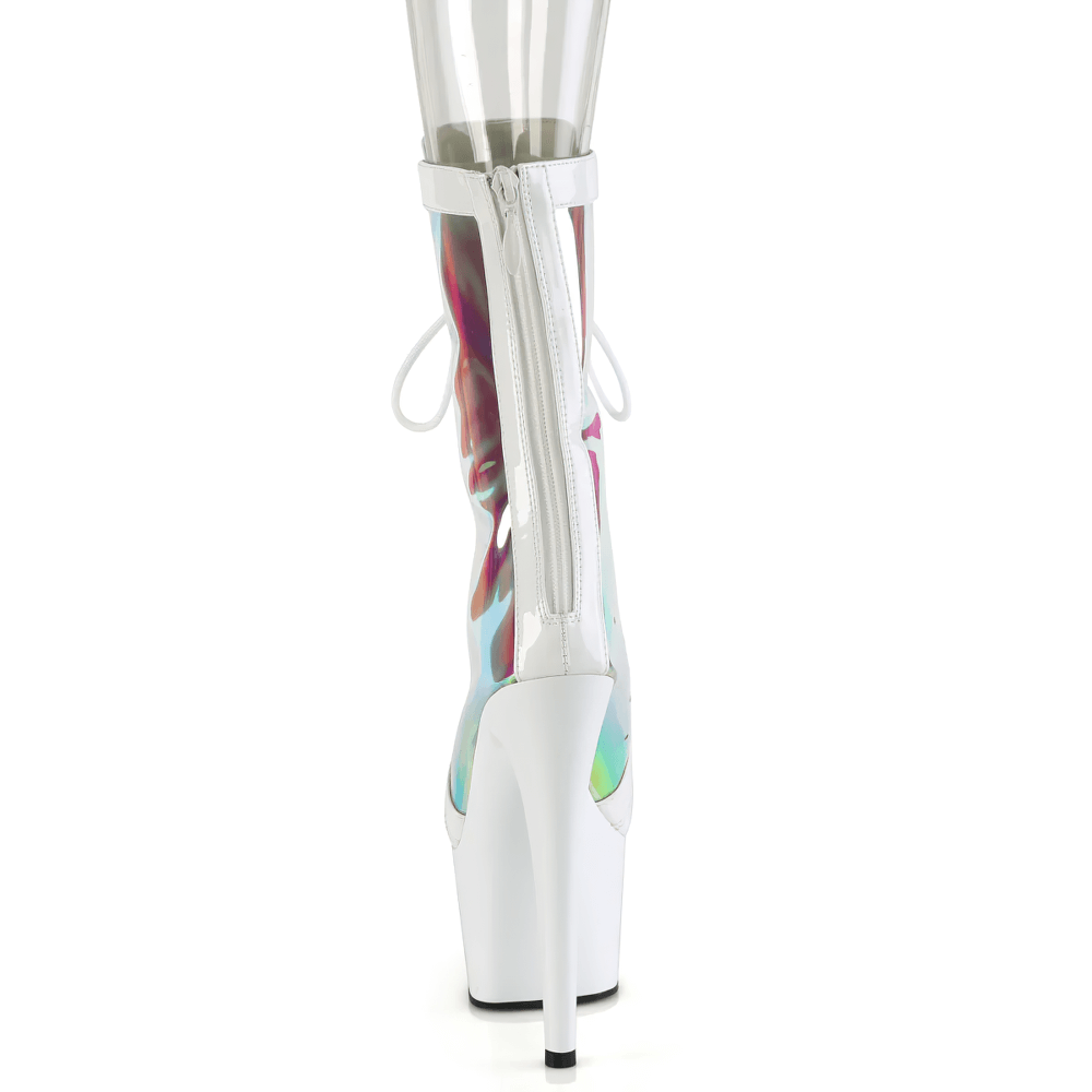 White mid-calf boots with holographic panels, lace-up front, and 7-inch heels, showcasing a stylish back zip.