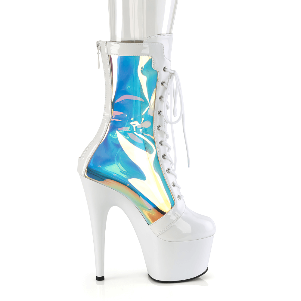 White mid-calf boots with holographic panels, 7-inch heels, and lace-up front for a bold fashion statement.
