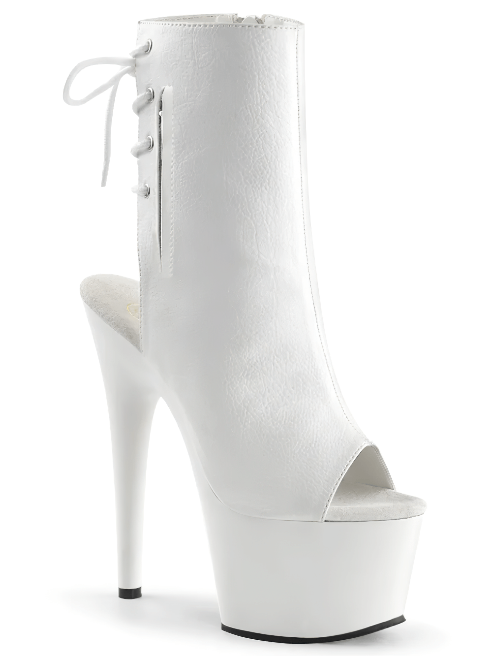 PLEASER White Open Toe Ankle Boots with Lace-Up, 7-inch heel and hidden pocket for stylish comfort.