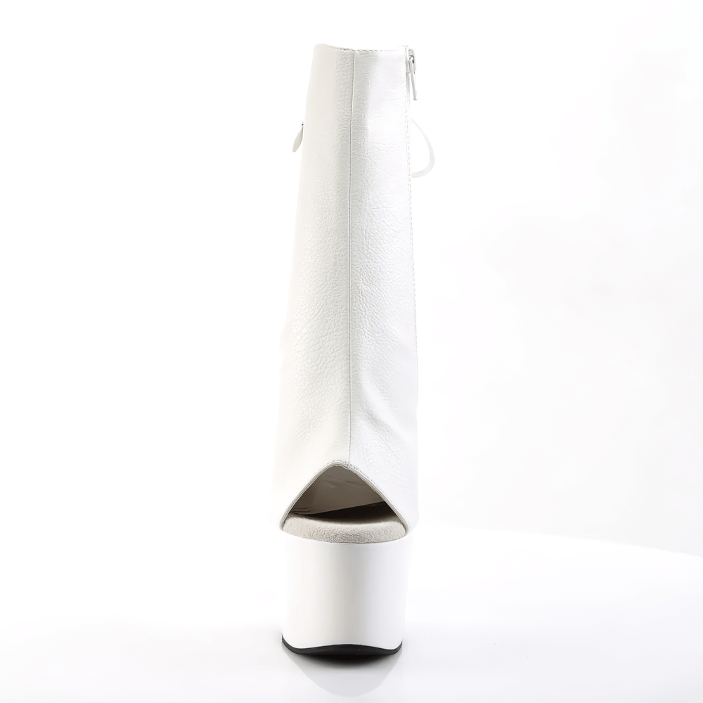 White open toe ankle boots with lace-up back and platform heel, featuring a hidden zip pocket and sleek design.