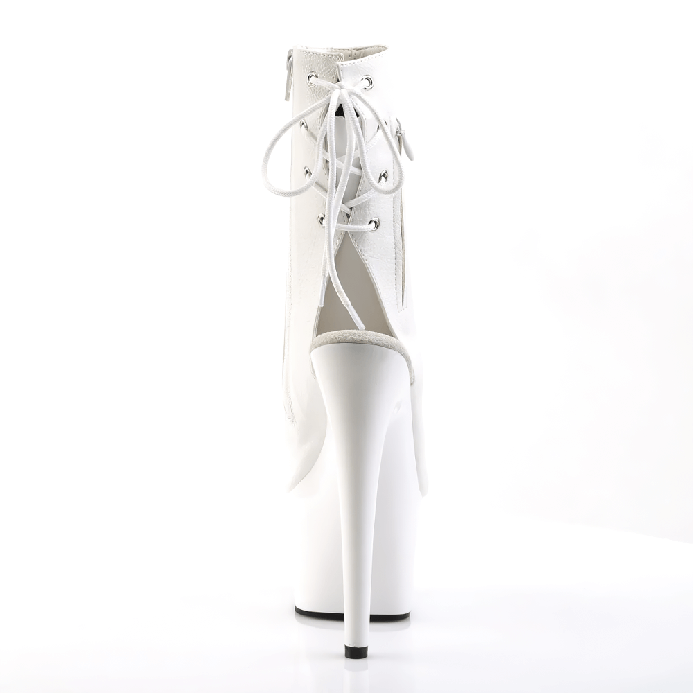 Back view of Pleaser white open toe ankle boots with lace-up design and tall 7-inch heels, showcasing a modern chic look.