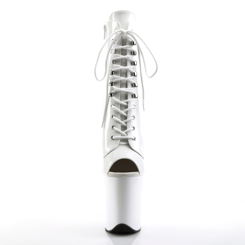 Stylish PLEASER white peep toe ankle boots with 8-inch stiletto heel and lace-up front design.