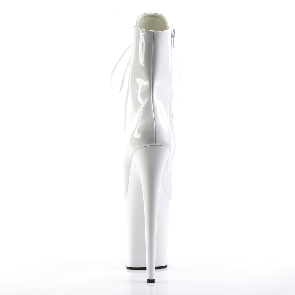 Back view of PLEASER white peep toe ankle boots with 8-inch stiletto heel and lace-up design.