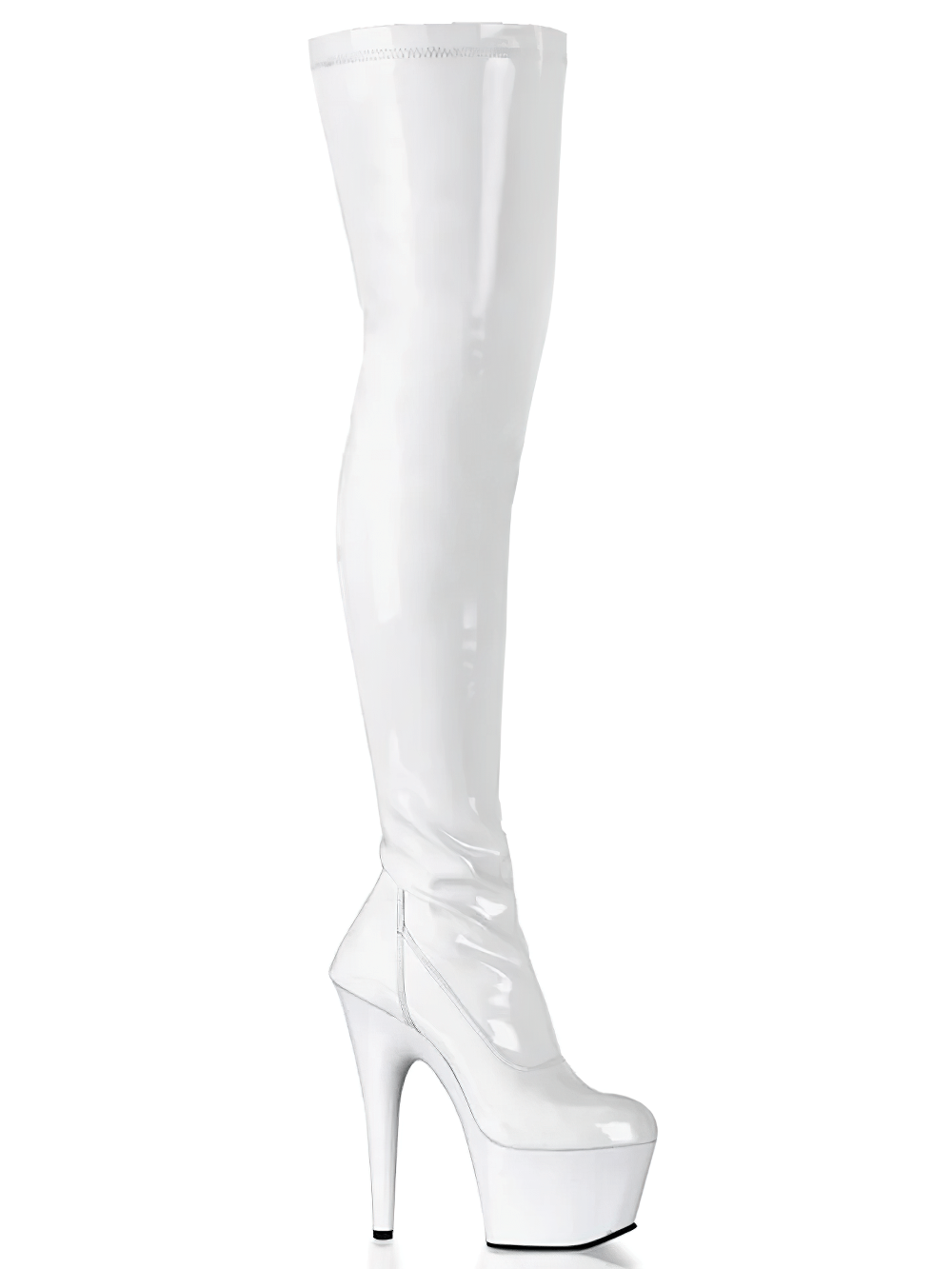Pleaser white platform stiletto thigh high boots featuring a dramatic 7-inch heel and sleek stretch material for a flawless fit.