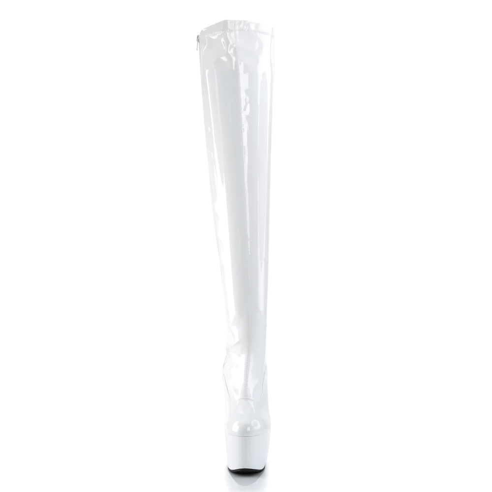 Stylish Pleaser white thigh high boots with platform heels, featuring a sleek design and dramatic stiletto heel.