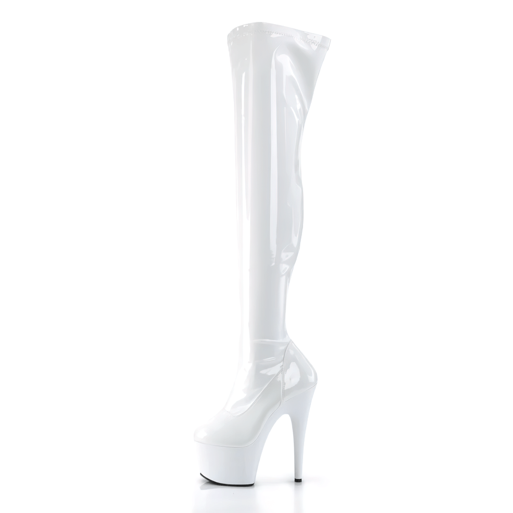 Stunning Pleaser white platform stiletto thigh high boots with dramatic 7-inch heels for a fashionable look.