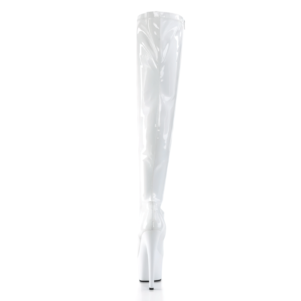 PLEASER white platform stiletto thigh high boots showcasing sleek shine and dramatic 7-inch heels for a striking look.
