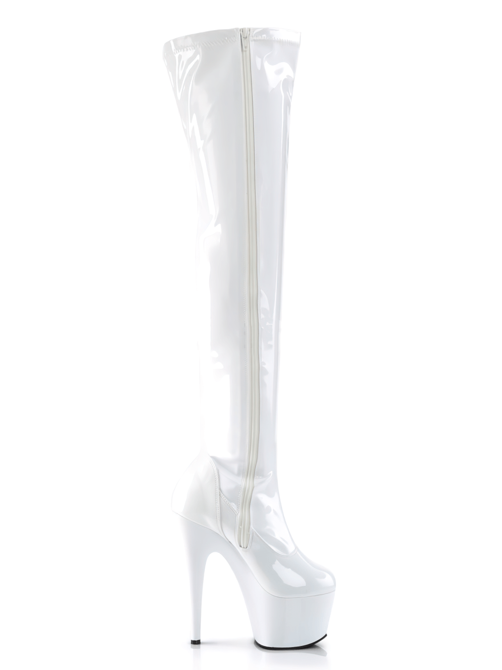 PLEASER White Platform Stiletto Thigh High Boots with zipper, 7-inch heels for a stunning look.