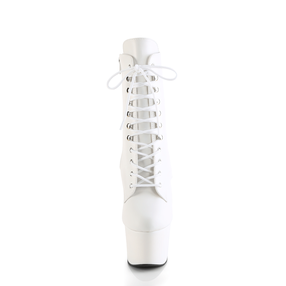 Elegant white lace-up stiletto ankle boots with a high platform, showcasing bold style and fierce confidence.