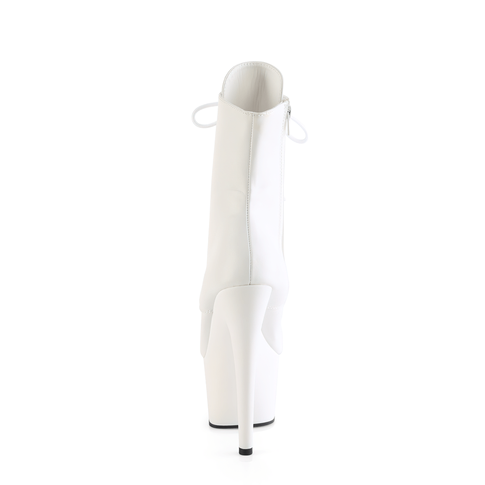 Back view of PLEASER White Stiletto Heel Lace-Up Ankle Boots, showcasing elegant design and towering heel.