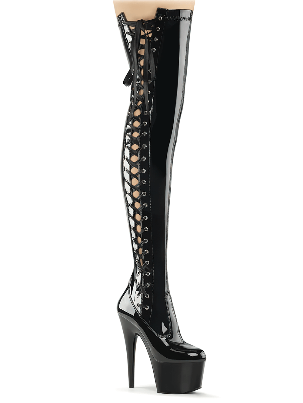 Seductive black thigh high platform lace-up boots with a 7-inch heel and playful ribbon lacing for bold fashion.