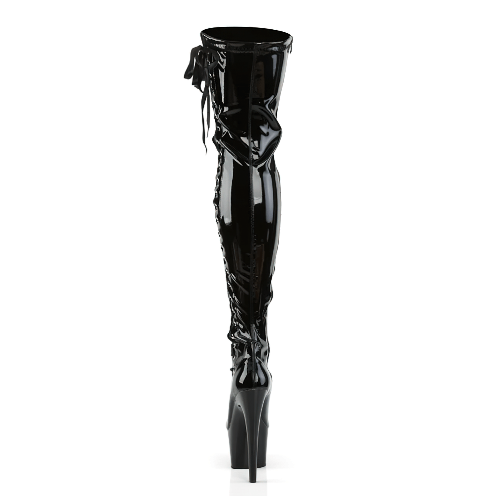 Stylish PLEASER Women's Black Thigh High Platform Lace-Up Boots with playful side ribbons and towering stiletto heels.