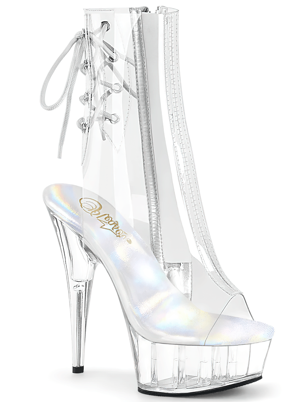 PLEASER Women's holographic clear open-toe ankle boots with lace-up detail and towering 6-inch heels.