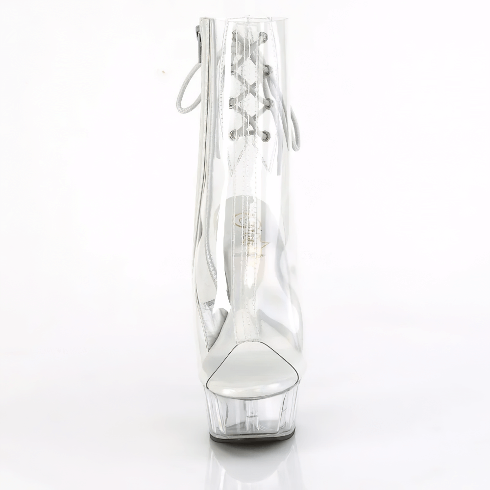 PLEASER Women's Clear Open-Toe Ankle Boots with Lace-Up, holographic silver finish, 6-inch heel, stylish and futuristic.