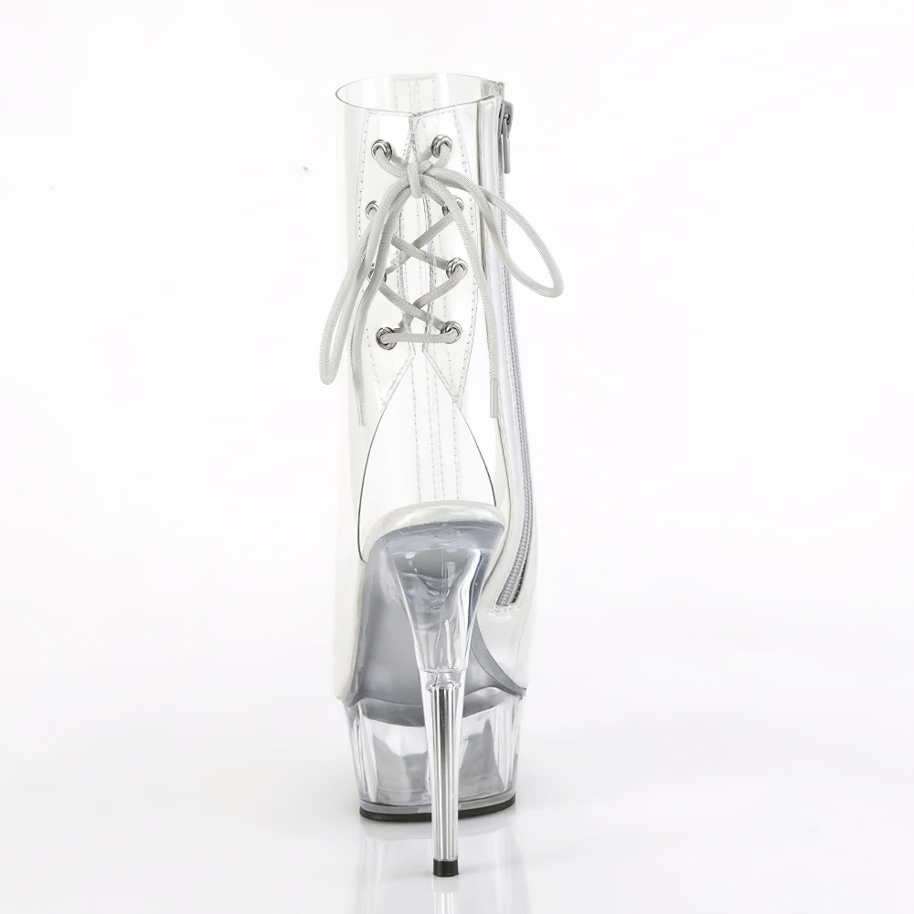 Holographic silver clear open-toe ankle boots with lace-up detail and a 6-inch heel for a stylish look.