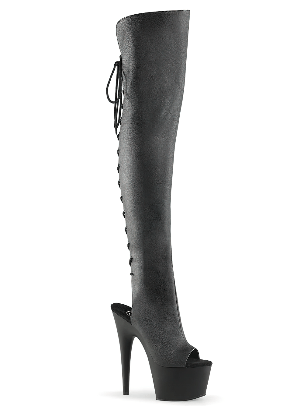 Elegant PLEASER Women's Stiletto Over-the-Knee Lace-Up Boots in black with open-toe design and 7-inch heel.