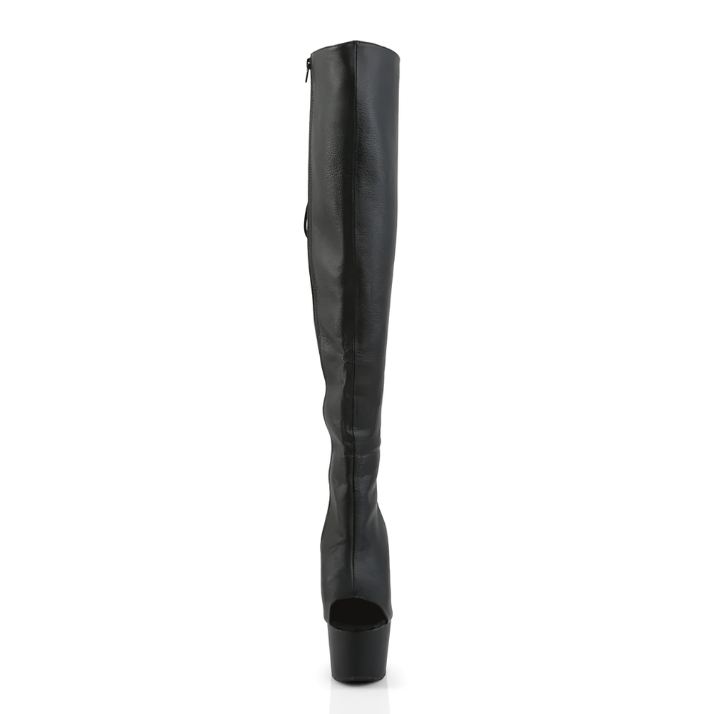 Black over-the-knee stiletto boots with open toe and lace-up detail, showcasing a sleek design and elegant silhouette.