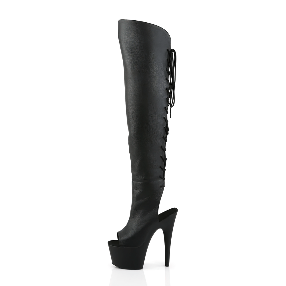 Black open-toe stiletto over-the-knee lace-up boots featuring a 7-inch heel and seductive design.