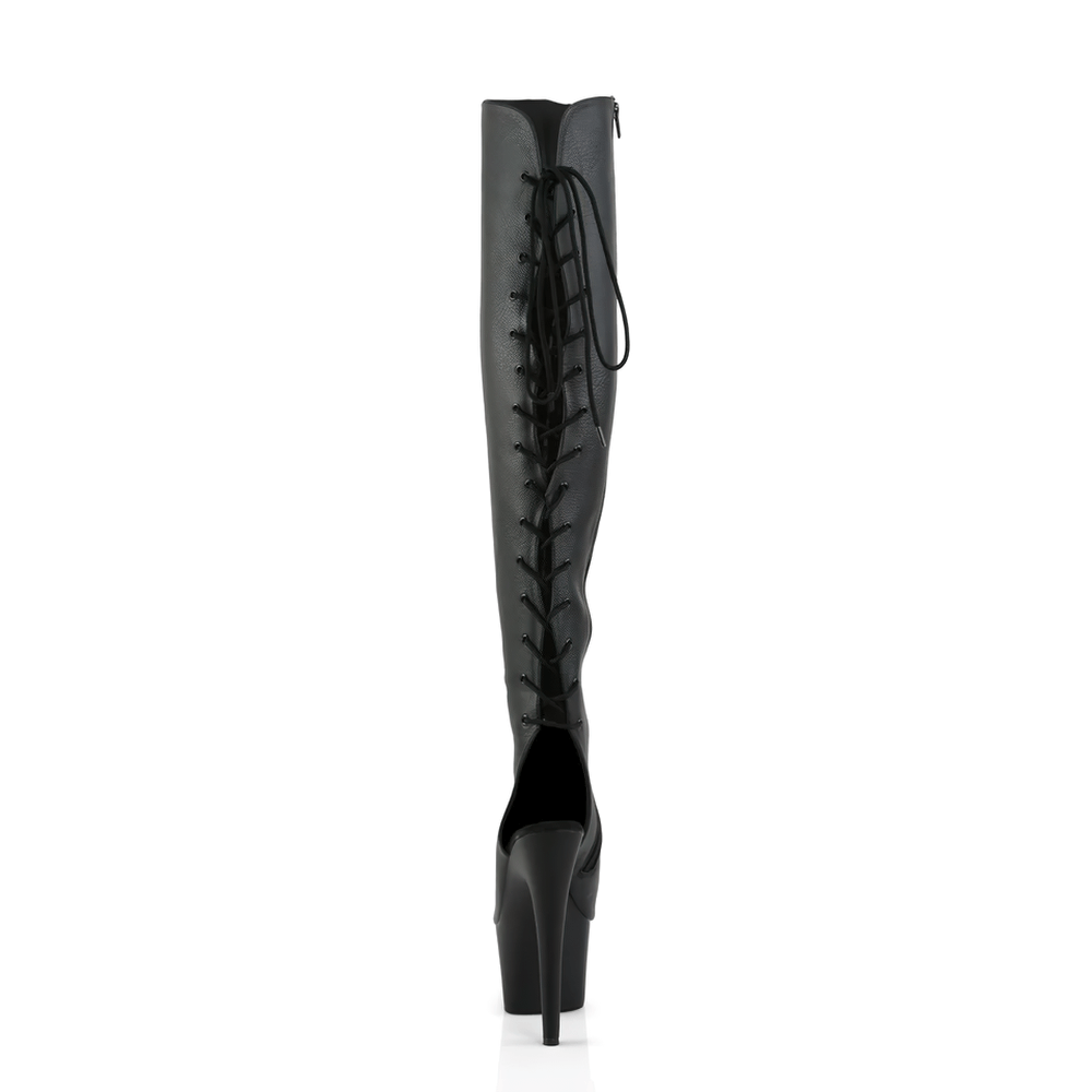 Black stiletto over-the-knee lace-up boots with a sleek profile and elegant back laces.