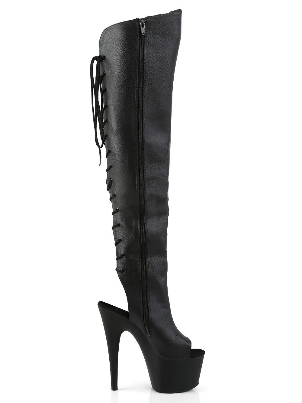 PLEASER Women's Stiletto Over-the-Knee Lace-Up Boots in black, featuring open-toe design and towering heel.