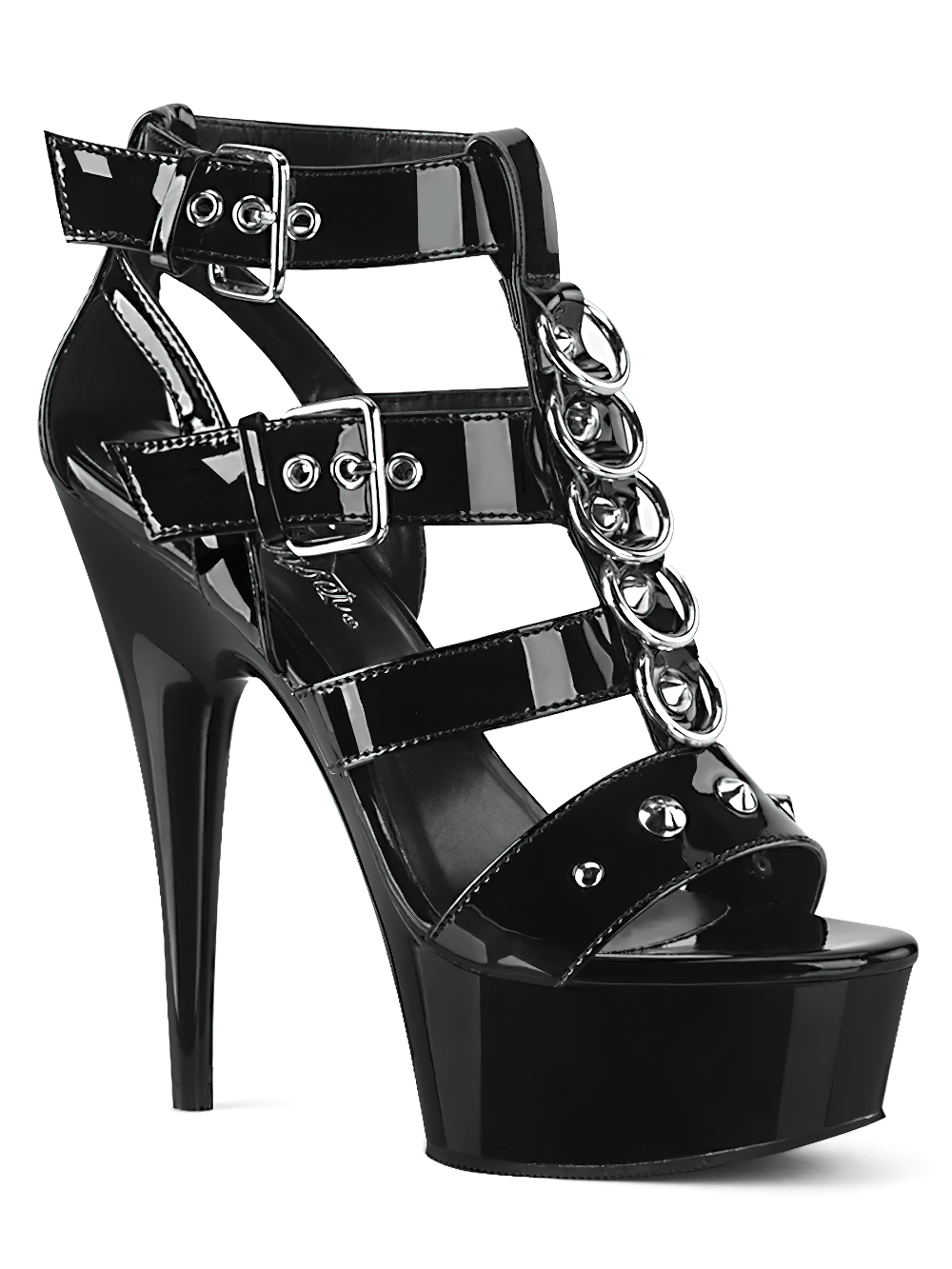 Black strappy T-strap sandals with cone studs and high heel, perfect for dramatic elegance and stylish entrances.