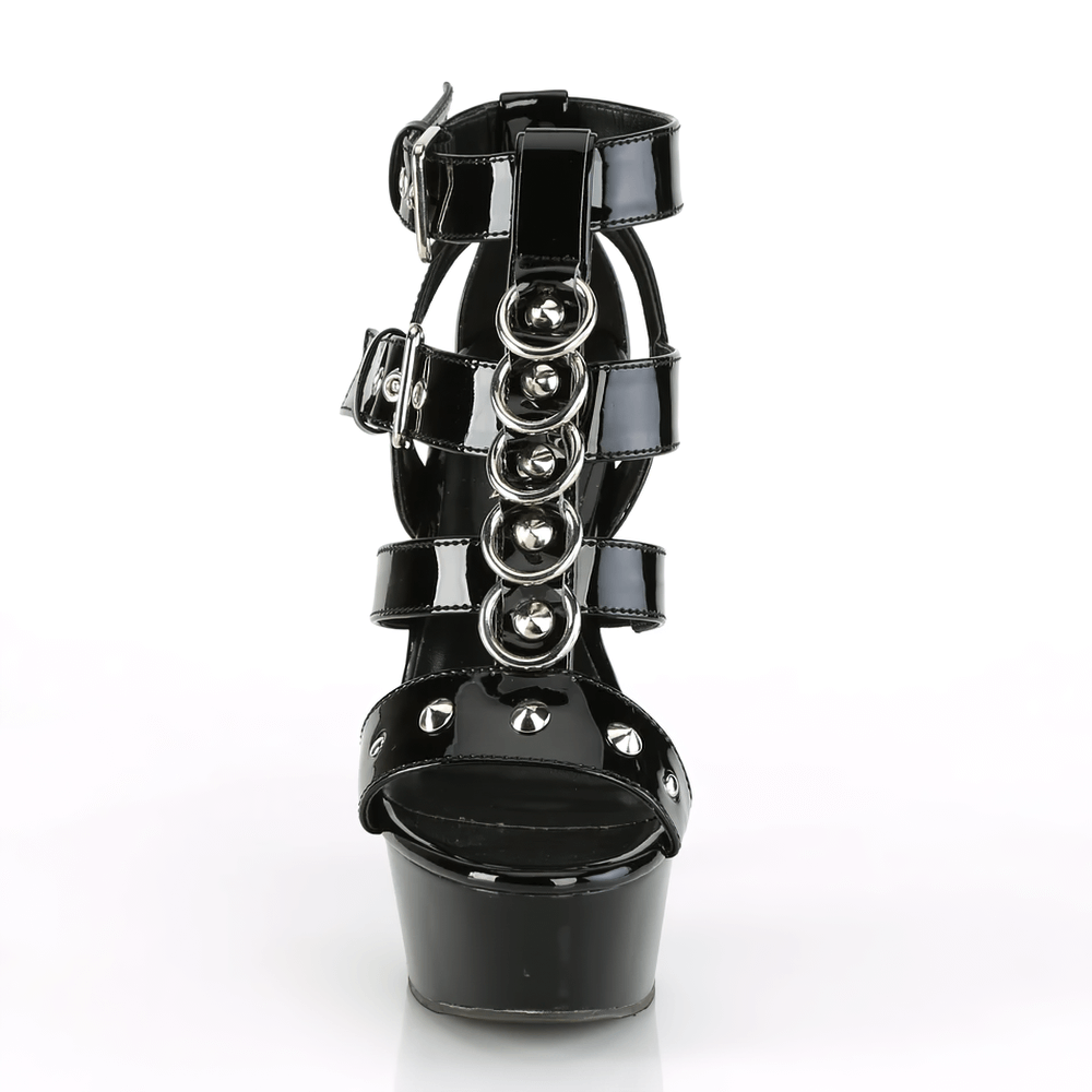 Stylish black T-Strap sandals with cone studs and adjustable buckles, perfect for a bold fashion statement.