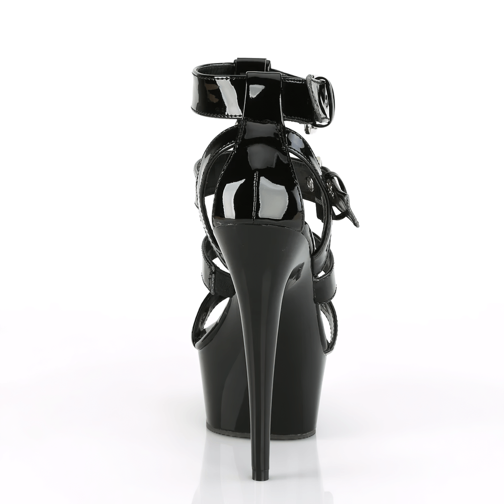 Back view of PLEASER Women's strappy T-strap heels with a 6-inch heel and edgy cone studs.
