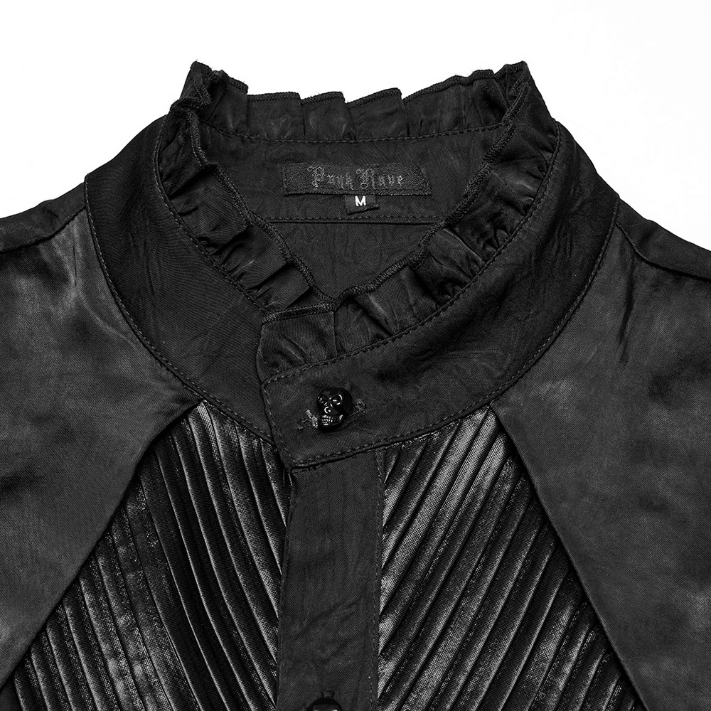 Close-up of a pleated gothic button-up shirt showcasing glossy accents and structured collar design.