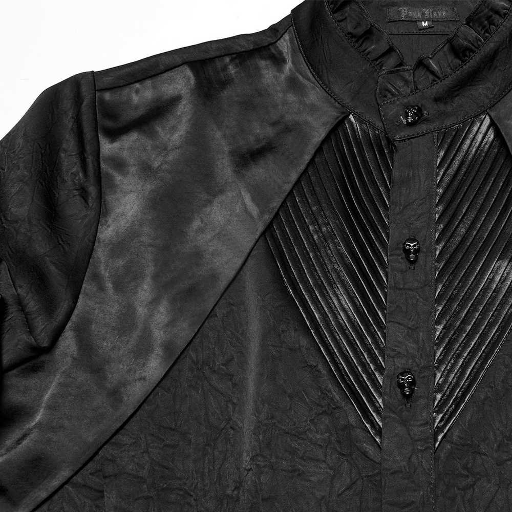 Pleated Gothic button-up shirt featuring glossy collar, cuffs, and layered design for a dramatic flair.