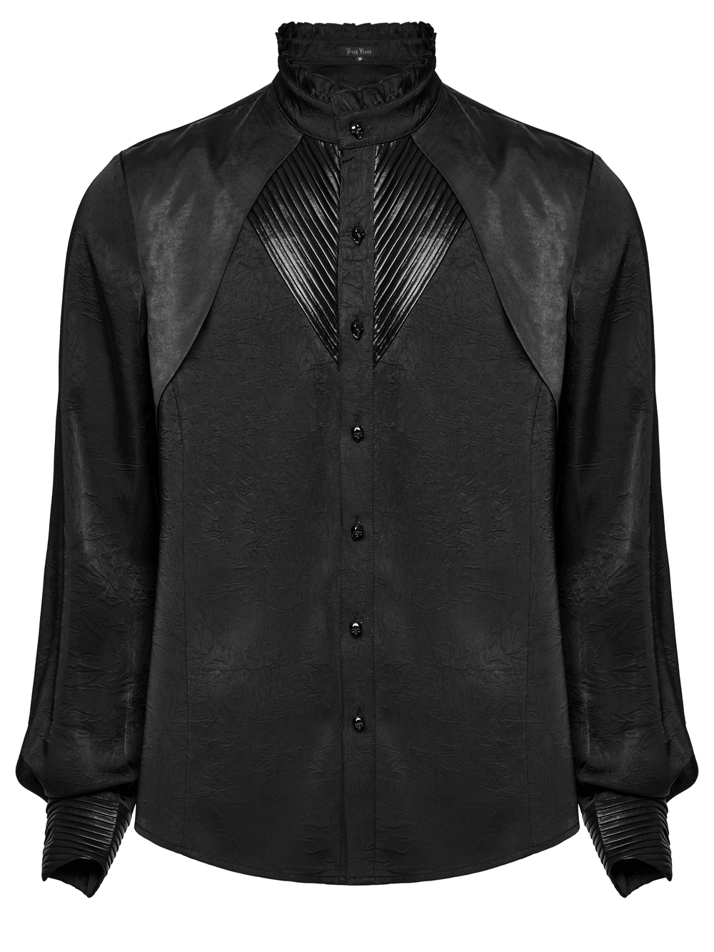 Pleated Gothic button-up shirt with glossy collar and cuffs, perfect for dramatic dark alternative style.