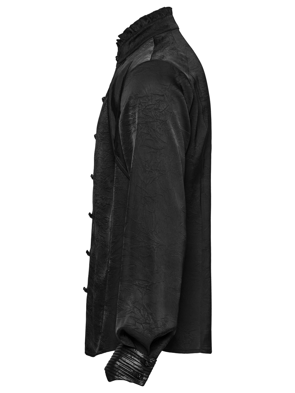 Side view of Pleated Gothic Button-Up Shirt showcasing textured fabric, glossy collar, and structured layered design.