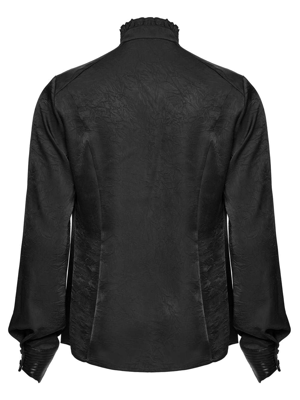 Back view of a pleated gothic button-up shirt with glossy accents, featuring structured layered design and textured fabric.