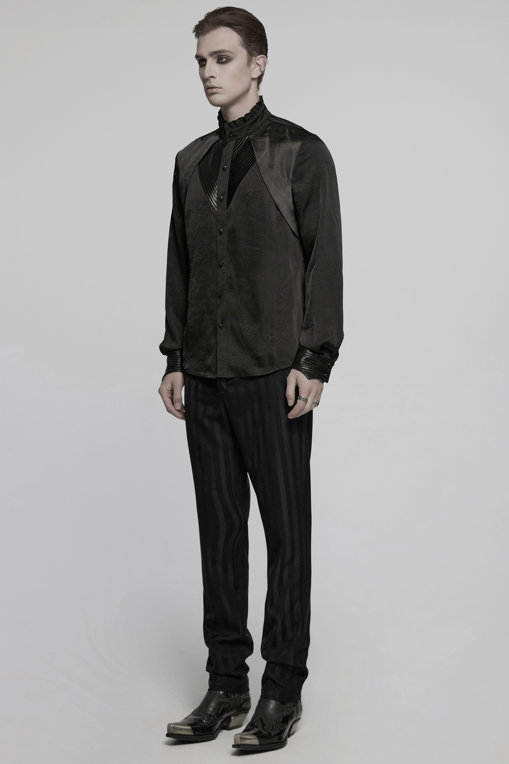 Pleated Gothic button-up shirt with glossy accents, styled in a dark, dramatic look for alternative fashion.
