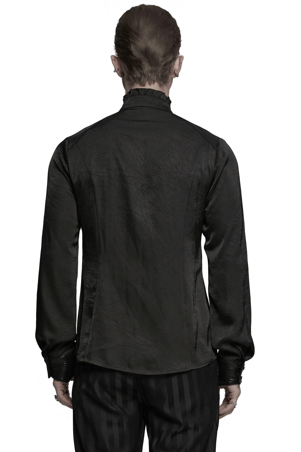 Back view of a Pleated Gothic Shirt with glossy accents and structured design, perfect for dark alternative fashion.