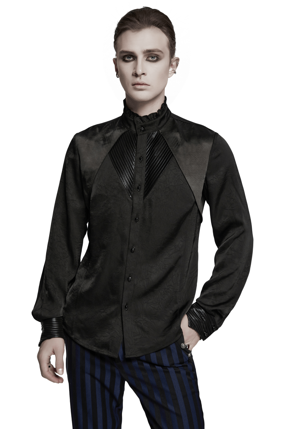 Pleated Gothic button-up shirt in black with glossy accents and structured design, perfect for alternative fashion.