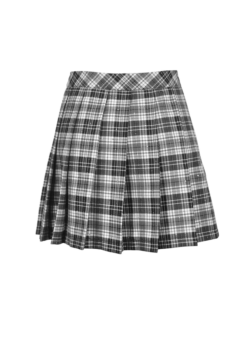 Pleated black and white plaid mini skirt showcasing edgy grunge style for a bold, rebellious look.