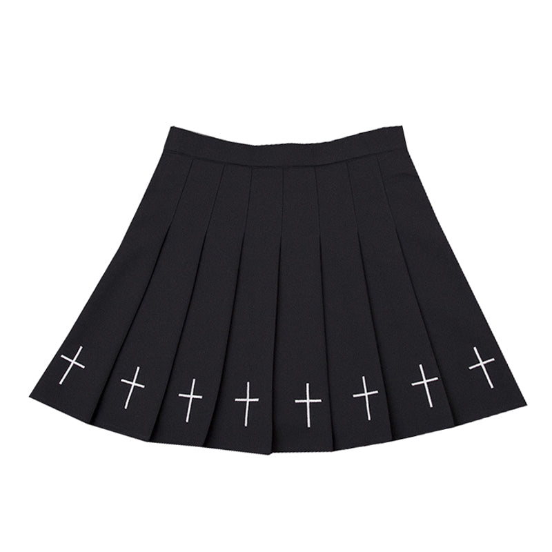 Black pleated mini skirt with white crosses, perfect for gothic outfits and Halloween celebrations.