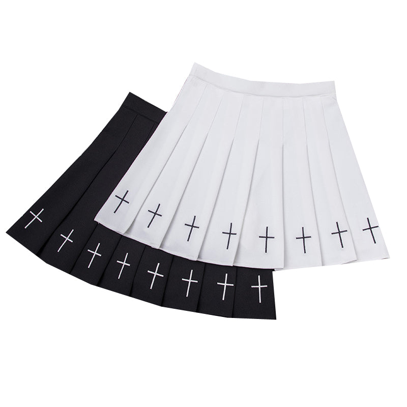 Pleated gothic women skirts in black and white with crosses, perfect for alternative outfits and Halloween parties.