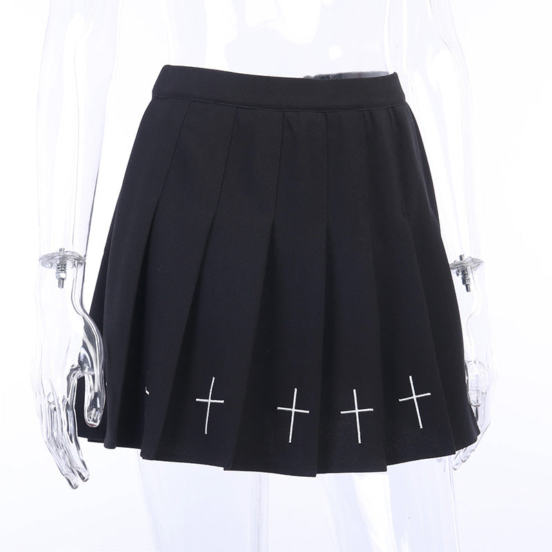 Pleated gothic women skirt in black with cross decorations, perfect for alternative outfits and Halloween parties.