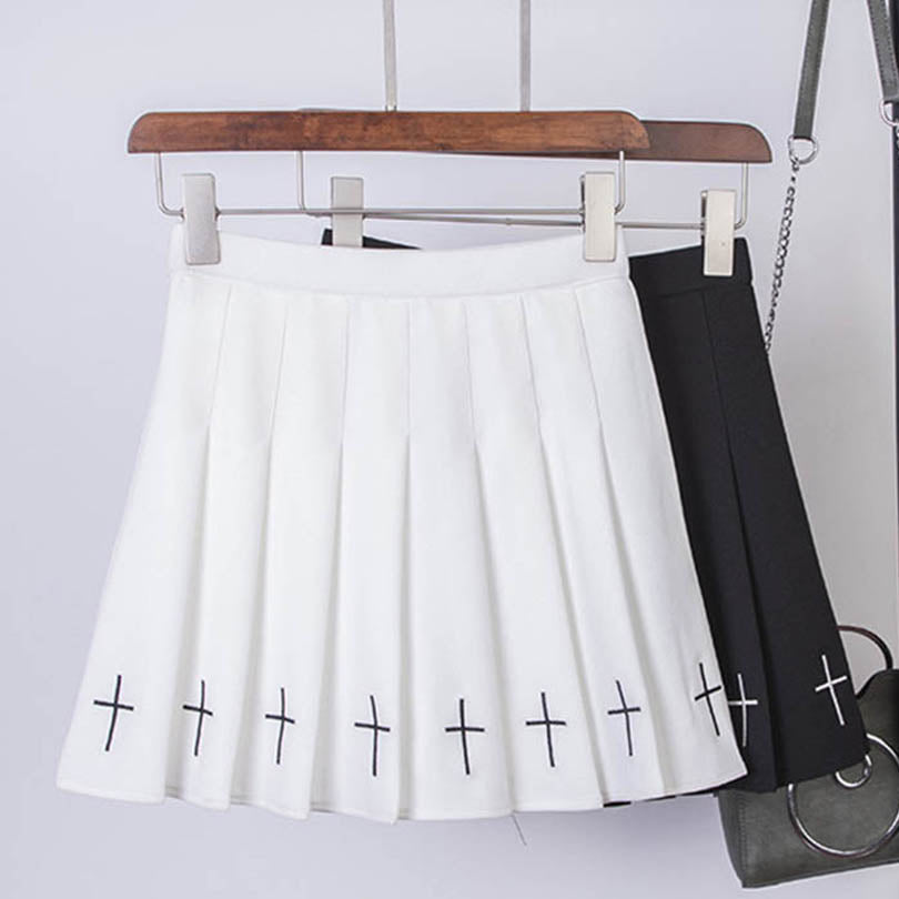 Pleated gothic mini skirts in black and white with crosses, perfect for Halloween or rock chick style.